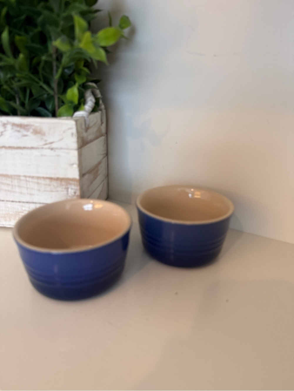 Le Creuset Blue Stoneware Ramekins Set of 2 4” Mini Bowls